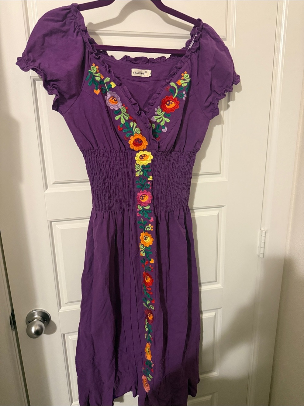 Embroidered Purple Midi Dress with Smocked Waist - VINTAGE VIBE